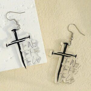 Unique Punk Cross Dangle Earrings w/Quote "The Way, The Truth The Life"
